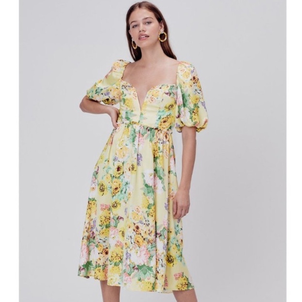 For Love‎ & Lemons || Leigh Floral Midi Dress Plunge V-Wire Yellow Small - Picture 12 of 12